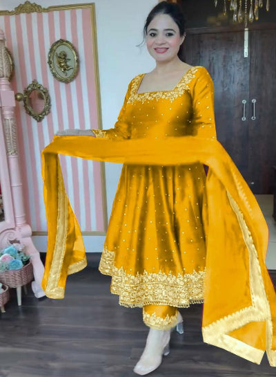 Yellow Vichitra Silk Wedding Wear Anarkali Suit Set