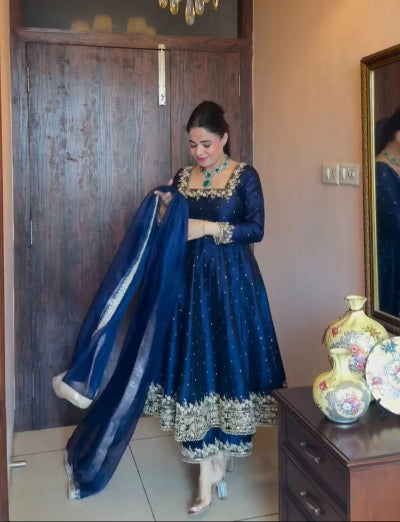 Navy Blue Vichitra Silk Wedding Wear Anarkali Suit Set