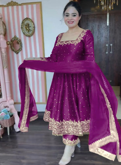 Wine Purple Vichitra Silk Wedding Wear Anarkali Suit Set