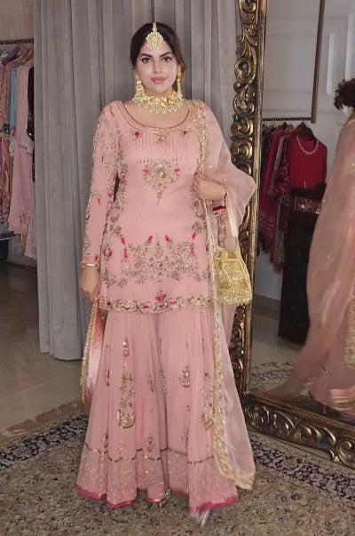 Baby Pink Faux Georgette Heavy Work Sharara Suit Set