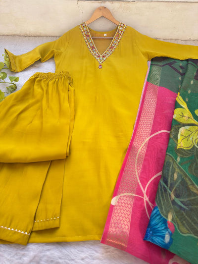 Yellow Roman Silk Suit Set With Contrast Jacquard Dupatta