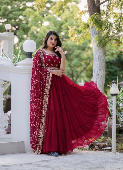 Red Ruffle Georgette Anarkali Gown Dupatta Set of 2