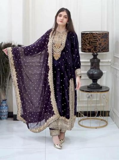 Lavish Purple Velvet Designer Suit Set