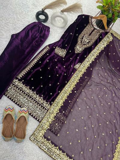 Lavish Purple Velvet Designer Suit Set