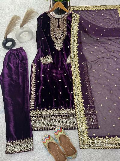 Lavish Purple Velvet Designer Suit Set