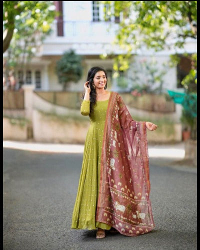 Lime Green Anarkali Flair Gown With Dupatta Set of 2