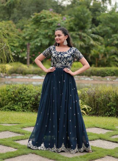 Midnight Blue Georgette Embroidered Gown 1PC