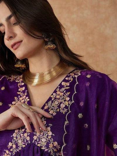 Purple Vichitra Silk Alia Cut Anarkali Suit Set