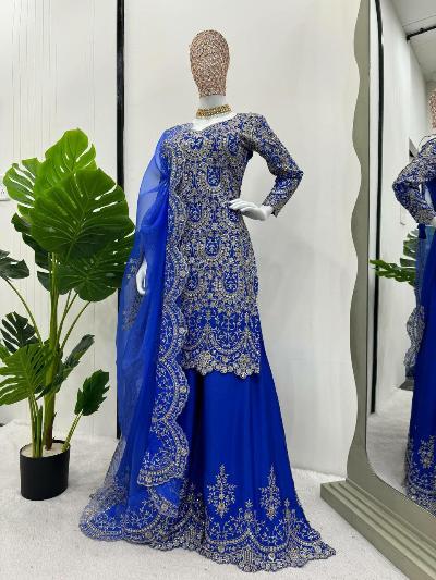 Electric Blue Chinon Silk Sharara Palazzo Suit Set