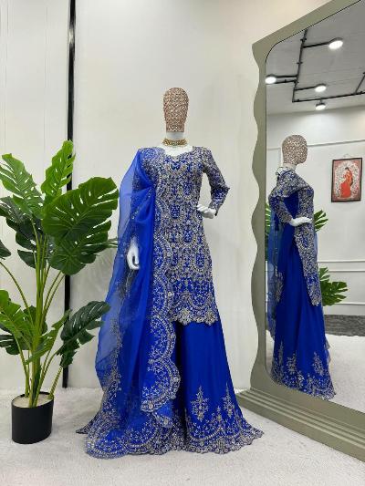 Electric Blue Chinon Silk Sharara Palazzo Suit Set