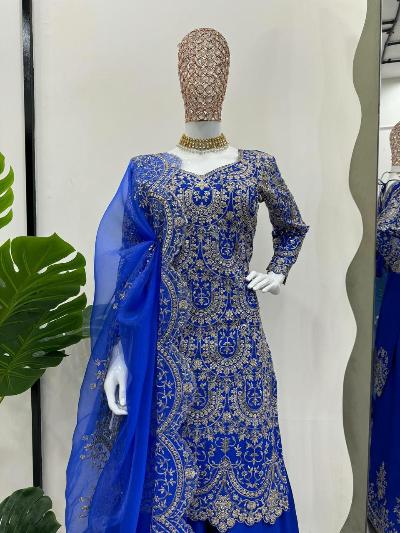 Electric Blue Chinon Silk Sharara Palazzo Suit Set