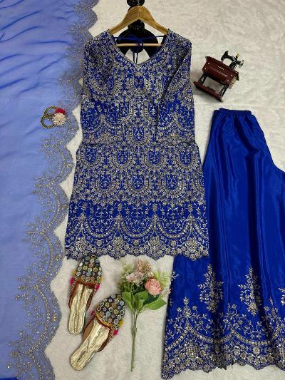 Electric Blue Chinon Silk Sharara Palazzo Suit Set