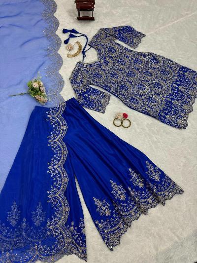 Electric Blue Chinon Silk Sharara Palazzo Suit Set