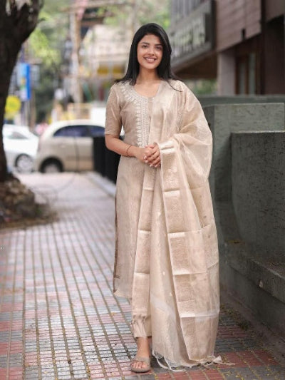 Muted Gold Brown Thread Embroidered Straight Suit Set