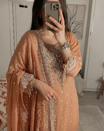 Light Orange Georgette Moti Hand Work Salwar Suit Set