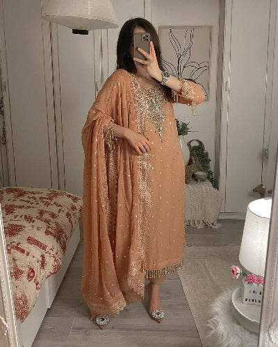 Light Orange Georgette Moti Hand Work Salwar Suit Set