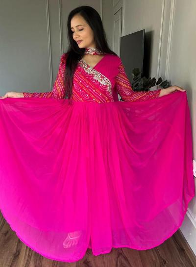 Pink Bandhani Elegant Anarkali Gown Dupatta Set of 2