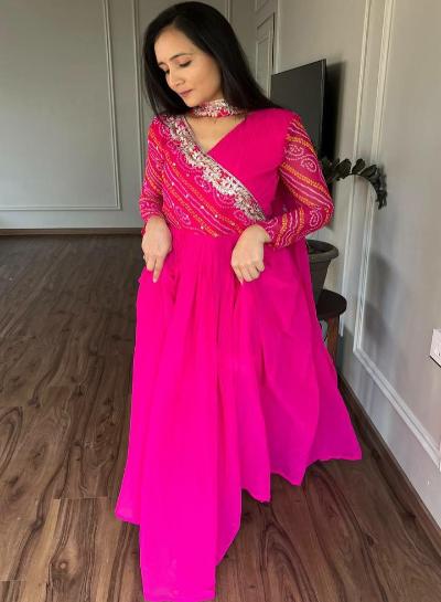 Pink Bandhani Elegant Anarkali Gown Dupatta Set of 2