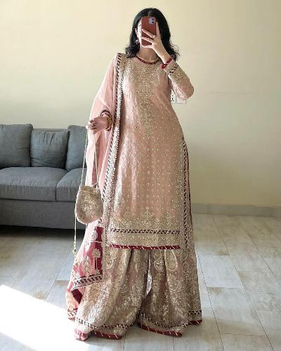 Peach Designer Wedding Special Palazzo Sharara Suit Set