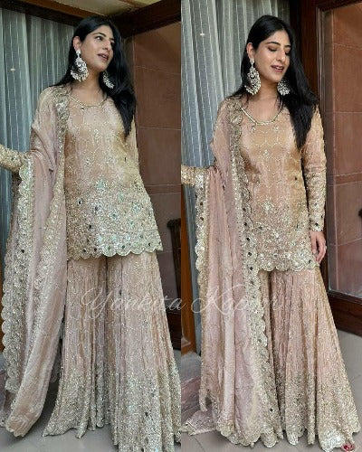 Beige Pure Heavy Chinnon Silk Sequence Sharara Suit Set