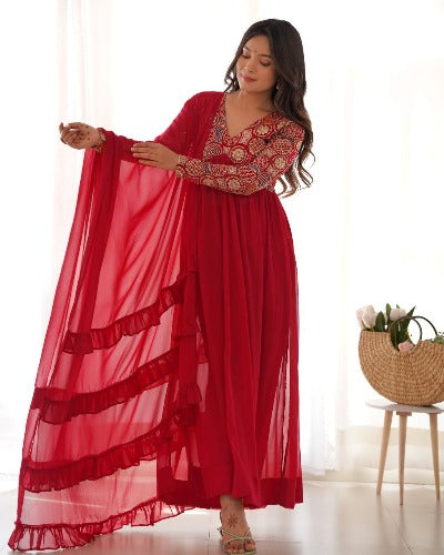 Red Georgette Embroidered Anarkali Suit With Frill Work Dupatta