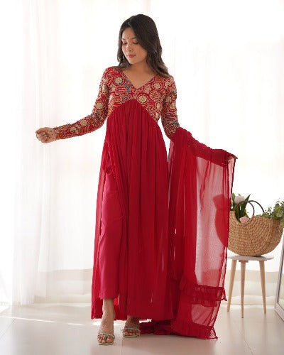 Red Georgette Embroidered Anarkali Suit With Frill Work Dupatta