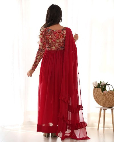 Red Georgette Embroidered Anarkali Suit With Frill Work Dupatta
