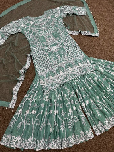 Light Aqua Green Georgette Embroidered Sharara Suit Set