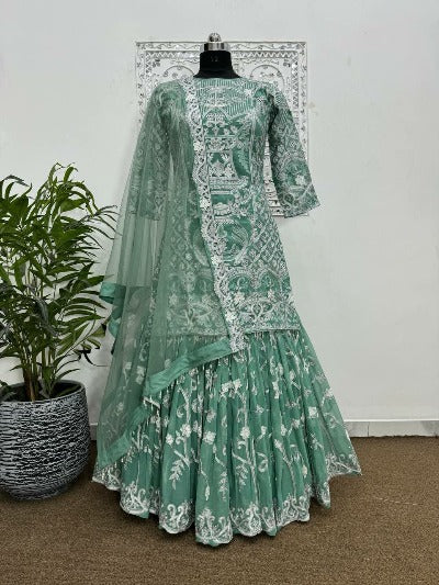 Light Aqua Green Georgette Embroidered Sharara Suit Set