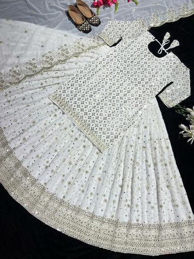 White Georgette Sequence Work Stitched Lehenga Choli Set 