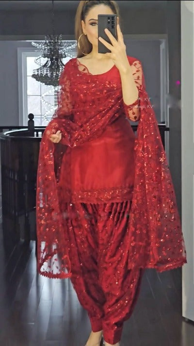 Red Georgette Embroidery Sequence Work  Punjabi Dhoti Salwar Suit