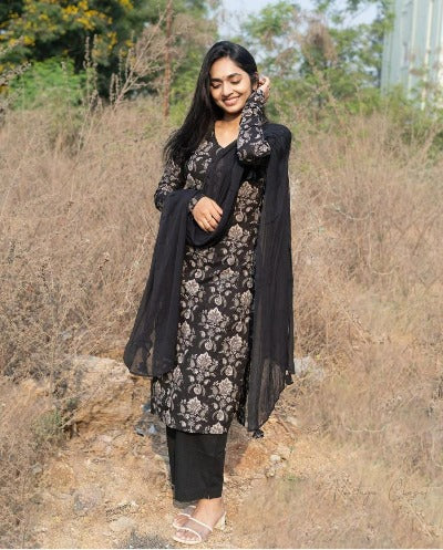 Black Printed Cotton Straight Salwar Suit Set