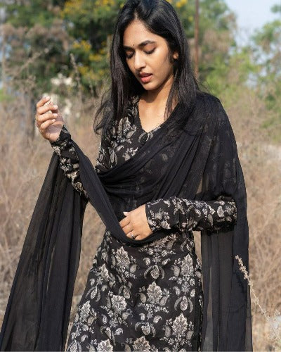 Black Printed Cotton Straight Salwar Suit Set
