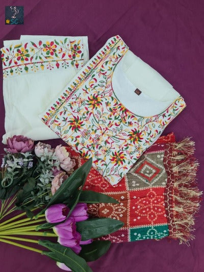 White Chanderi Salwar Suit Set With Multicolour Bandhani Dupatta