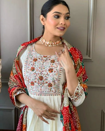 White Chanderi Salwar Suit Set With Multicolour Bandhani Dupatta