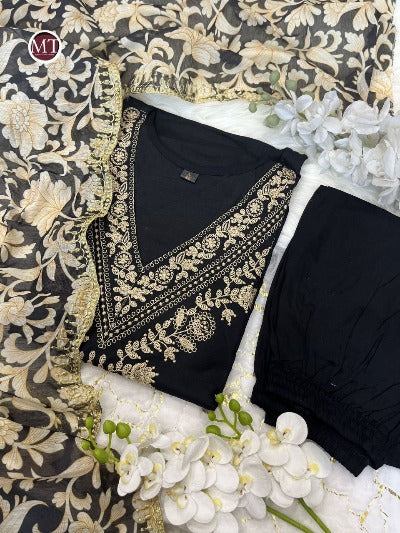 Black Cotton Afghani Salwar Suit With Organza Dupatta