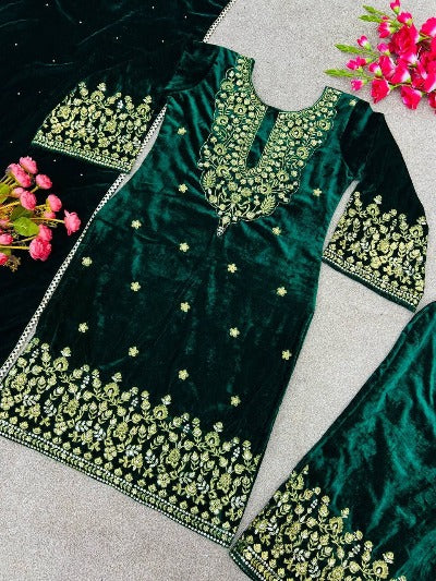 Bottle Green Heavy Embroidered Velvet Salwar Suit Set