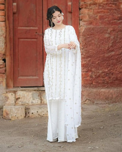 White Georgette Embroidery & Rivet Moti Work Palazzo Suit Set