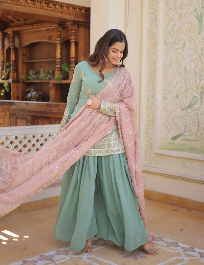 Pastel Blue Georgette Sequins & Thread Embroidered Salwar Suit