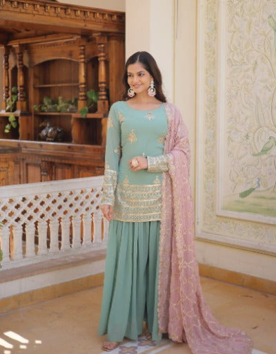 Pastel Blue Georgette Sequins & Thread Embroidered Salwar Suit