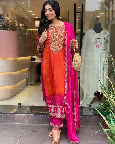 Pink & Orange Pure Chinon Grand Salwar Suit Set