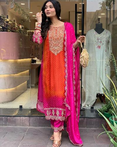 Pink & Orange Pure Chinon Grand Salwar Suit Set