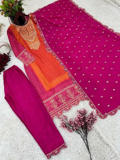 Pink & Orange Pure Chinon Grand Salwar Suit Set