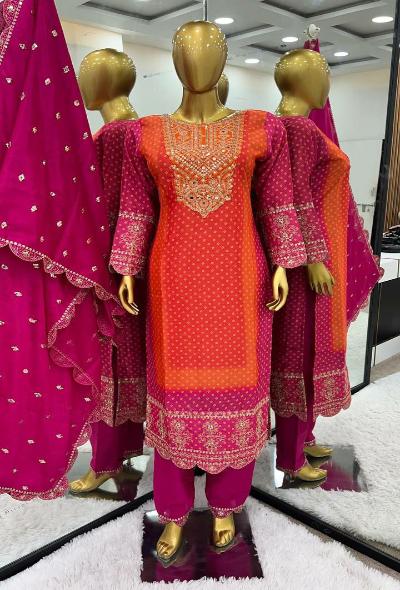 Pink & Orange Pure Chinon Grand Salwar Suit Set