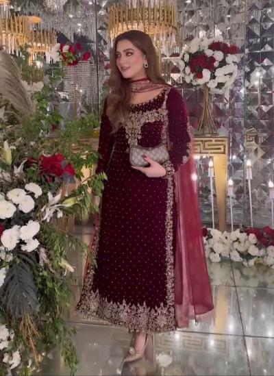 Maroon Partywear Velvet Designer Salwar Suit Set