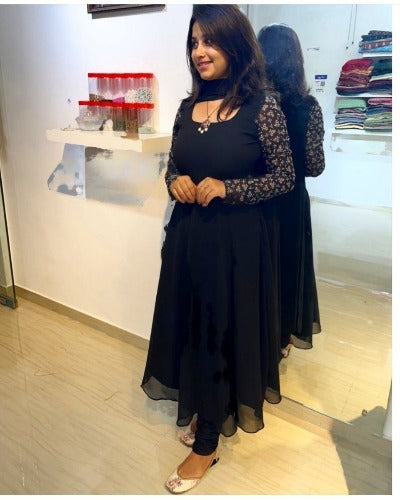 Black Georgette Anarkali Gown And Dupatta Set Of 2