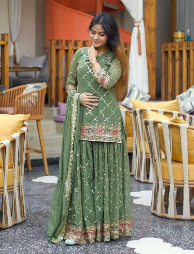 Pastel Green Georgette Heavy Sharara Palazzo Suit Set