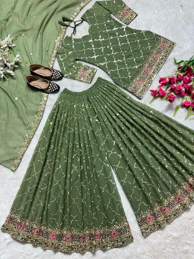 Pastel Green Georgette Heavy Sharara Palazzo Suit Set