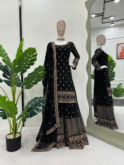 Black Georgette Gold Sequins Sharara Palazzo Suit Set