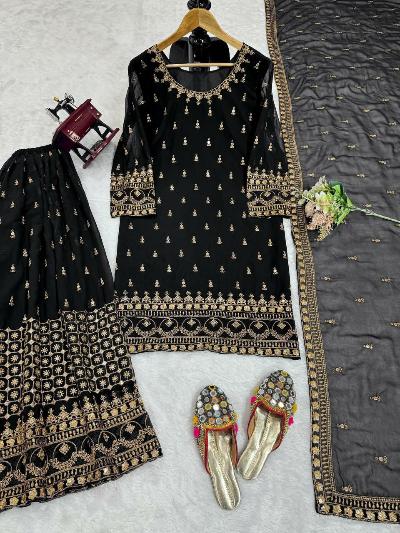 Black Georgette Gold Sequins Sharara Palazzo Suit Set